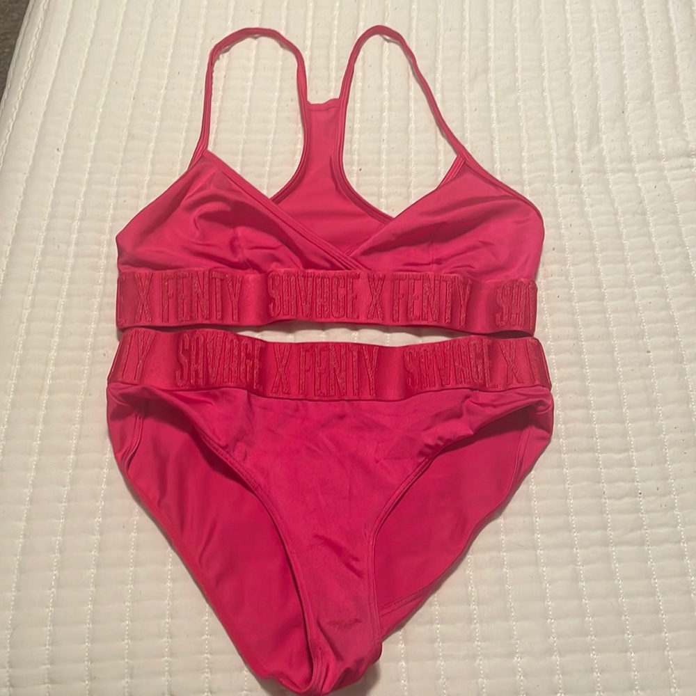 Savage x Fenty pink set. Really pretty. The bra straps are a bit long on me.